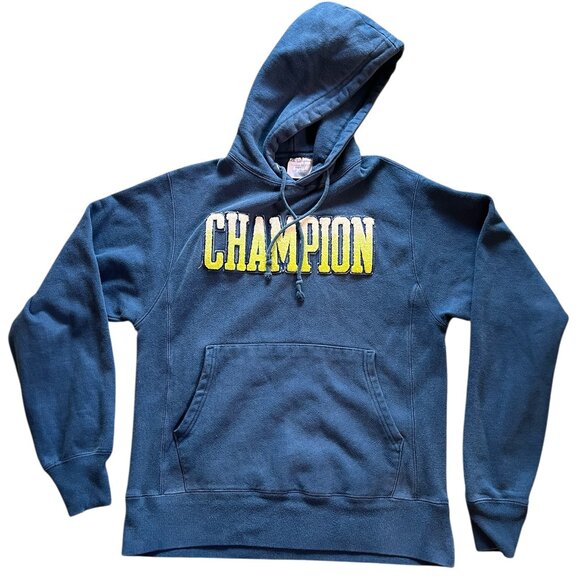 Champion Reverse Weave Hoodie Mens Size S Green Spell Out Logo Blue Long Sleeves - Picture 1 of 4